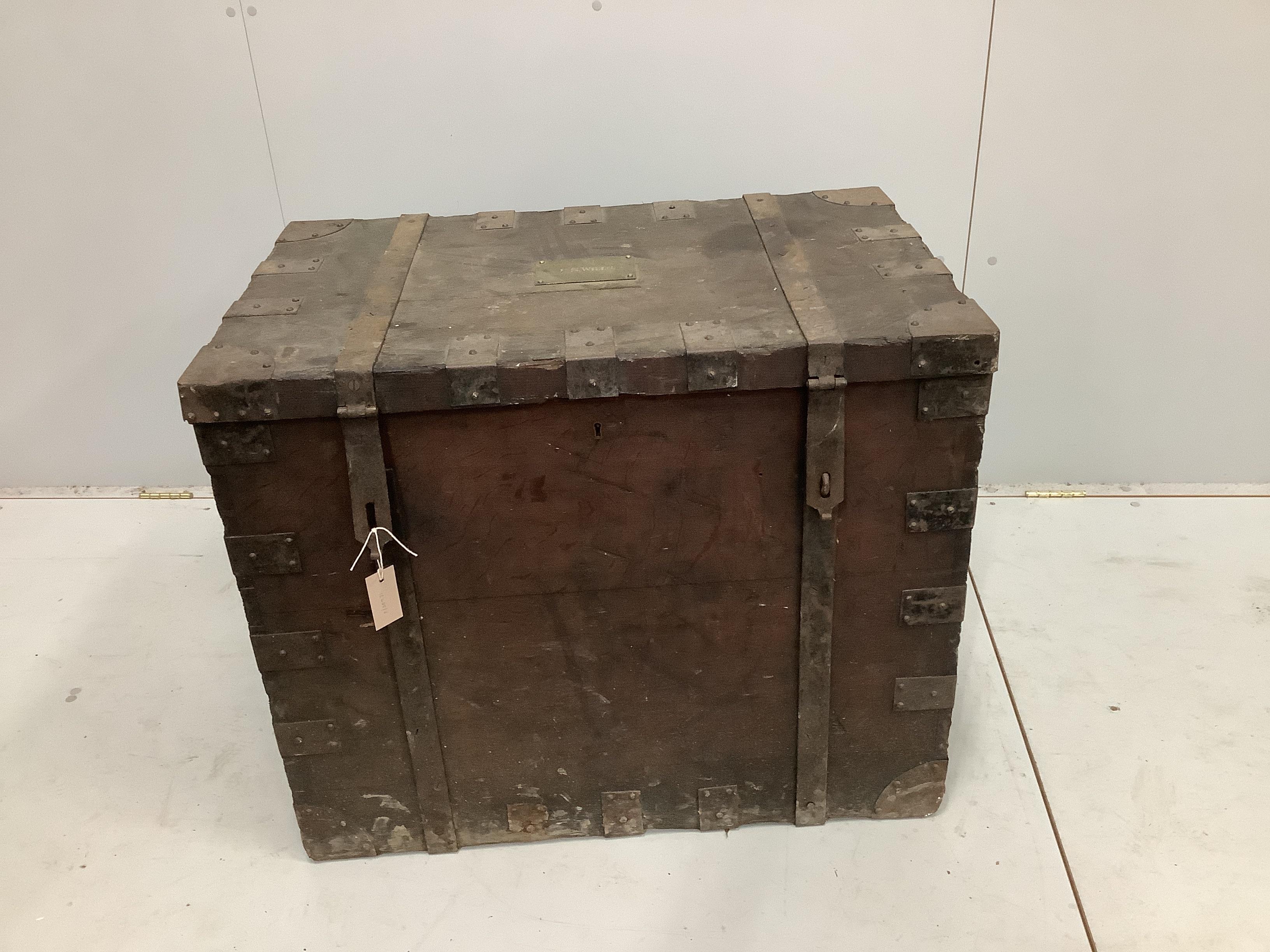 A Victorian iron bound oak silver chest, the brass plaque engraved E.S. Wills, width 83cm, depth 52cm, height 70cm